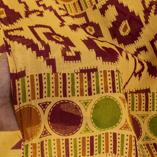Sanskriti Vintage Saree Yellow Pure Cotton Ikat Print Geometric Sari 5+YD Fabric