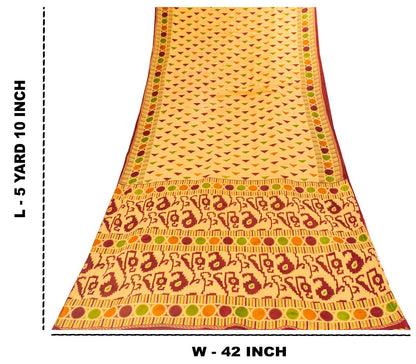 Sanskriti Vintage Saree Yellow Pure Cotton Ikat Print Geometric Sari 5+YD Fabric