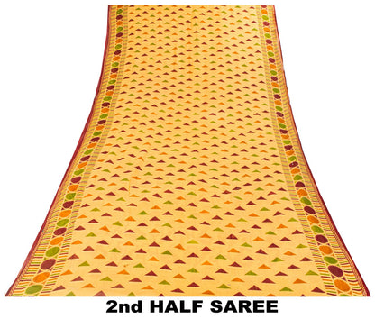 Sanskriti Vintage Saree Yellow Pure Cotton Ikat Print Geometric Sari 5+YD Fabric
