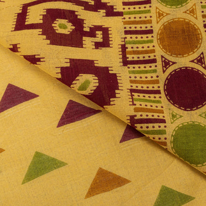 Sanskriti Vintage Saree Yellow Pure Cotton Ikat Print Geometric Sari 5+YD Fabric