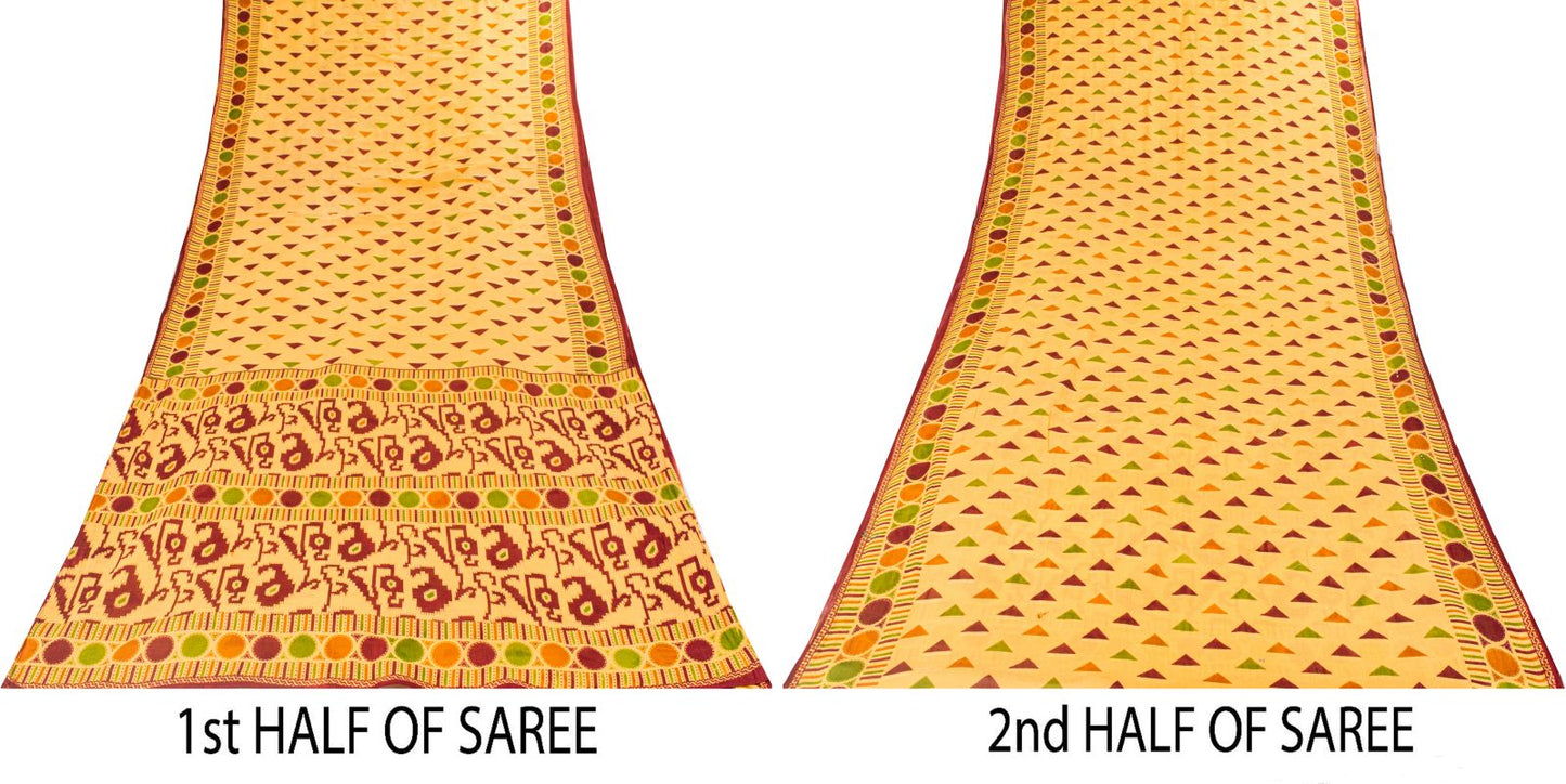 Sanskriti Vintage Saree Yellow Pure Cotton Ikat Print Geometric Sari 5+YD Fabric