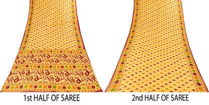 Sanskriti Vintage Saree Yellow Pure Cotton Ikat Print Geometric Sari 5+YD Fabric