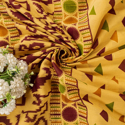 Sanskriti Vintage Saree Yellow Pure Cotton Ikat Print Geometric Sari 5+YD Fabric