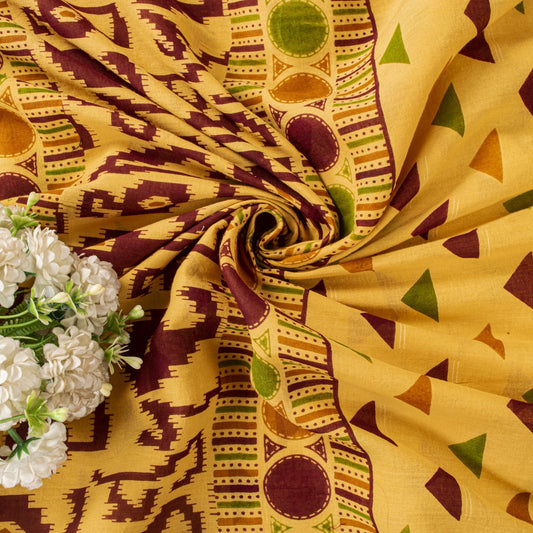 Sanskriti Vintage Saree Yellow Pure Cotton Ikat Print Geometric Sari 5+YD Fabric