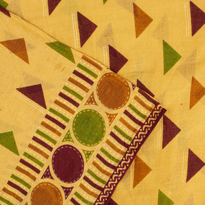 Sanskriti Vintage Saree Yellow Pure Cotton Ikat Print Geometric Sari 5+YD Fabric