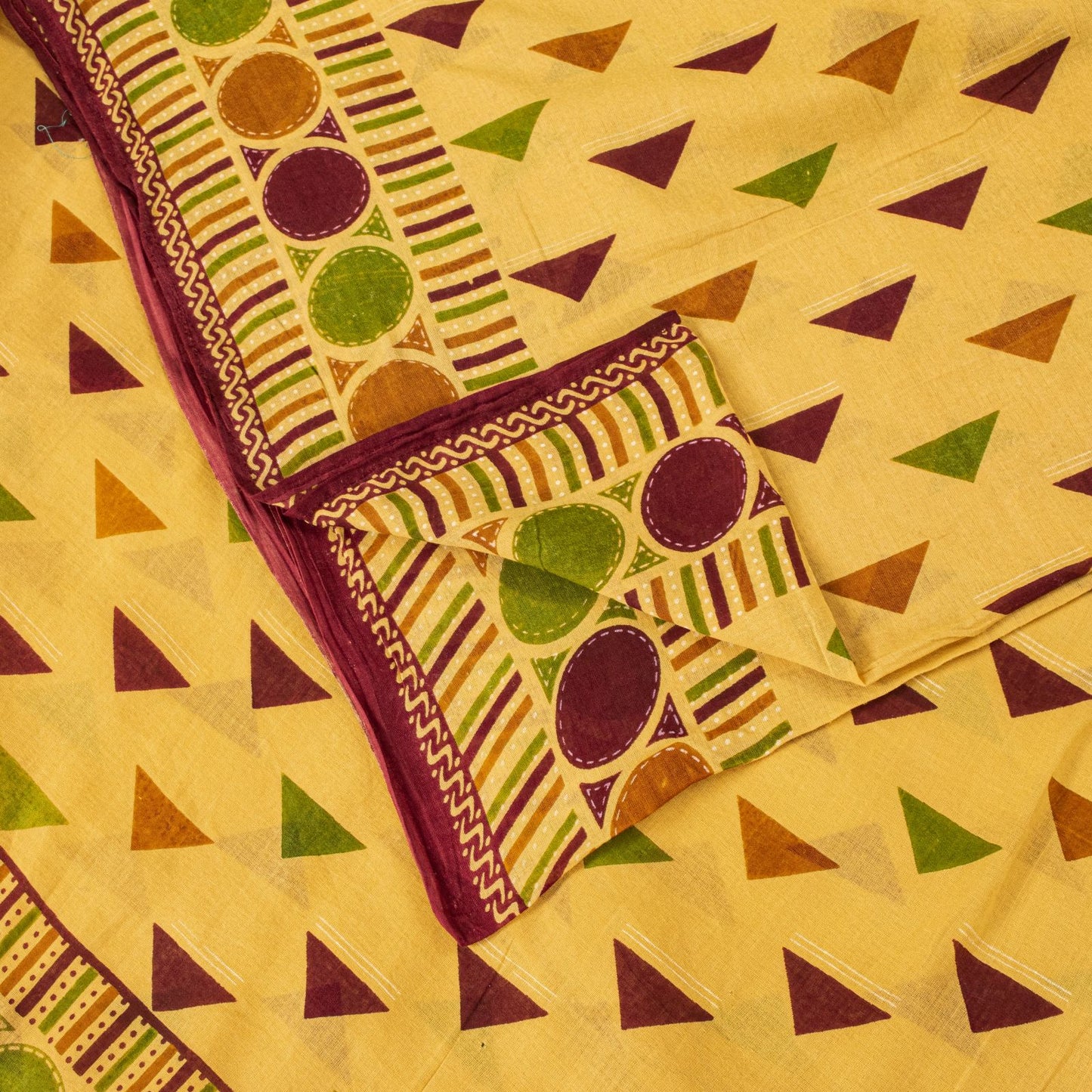 Sanskriti Vintage Saree Yellow Pure Cotton Ikat Print Geometric Sari 5+YD Fabric
