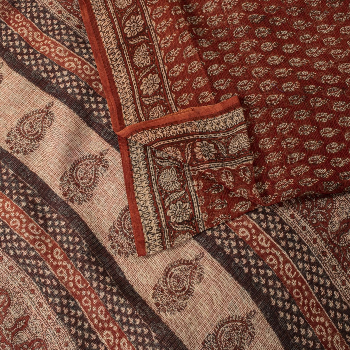 Sanskriti Vintage Kota Saree Brown Pure Cotton Hand Block Print Sari 5.5+Fabric