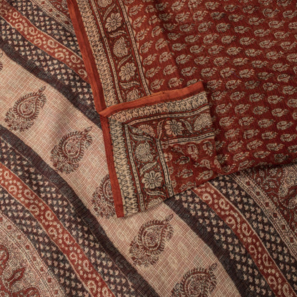 Sanskriti Vintage Kota Saree Brown Pure Cotton Hand Block Print Sari 5.5+Fabric
