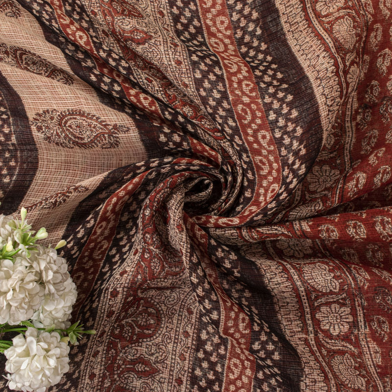 Sanskriti Vintage Kota Saree Brown Pure Cotton Hand Block Print Sari 5.5+Fabric