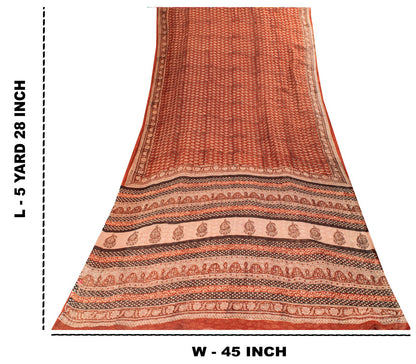 Sanskriti Vintage Kota Saree Brown Pure Cotton Hand Block Print Sari 5.5+Fabric