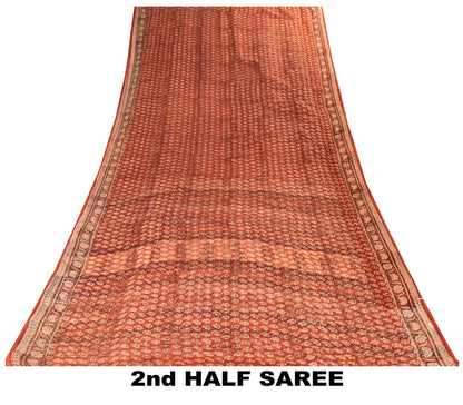 Sanskriti Vintage Kota Saree Brown Pure Cotton Hand Block Print Sari 5.5+Fabric