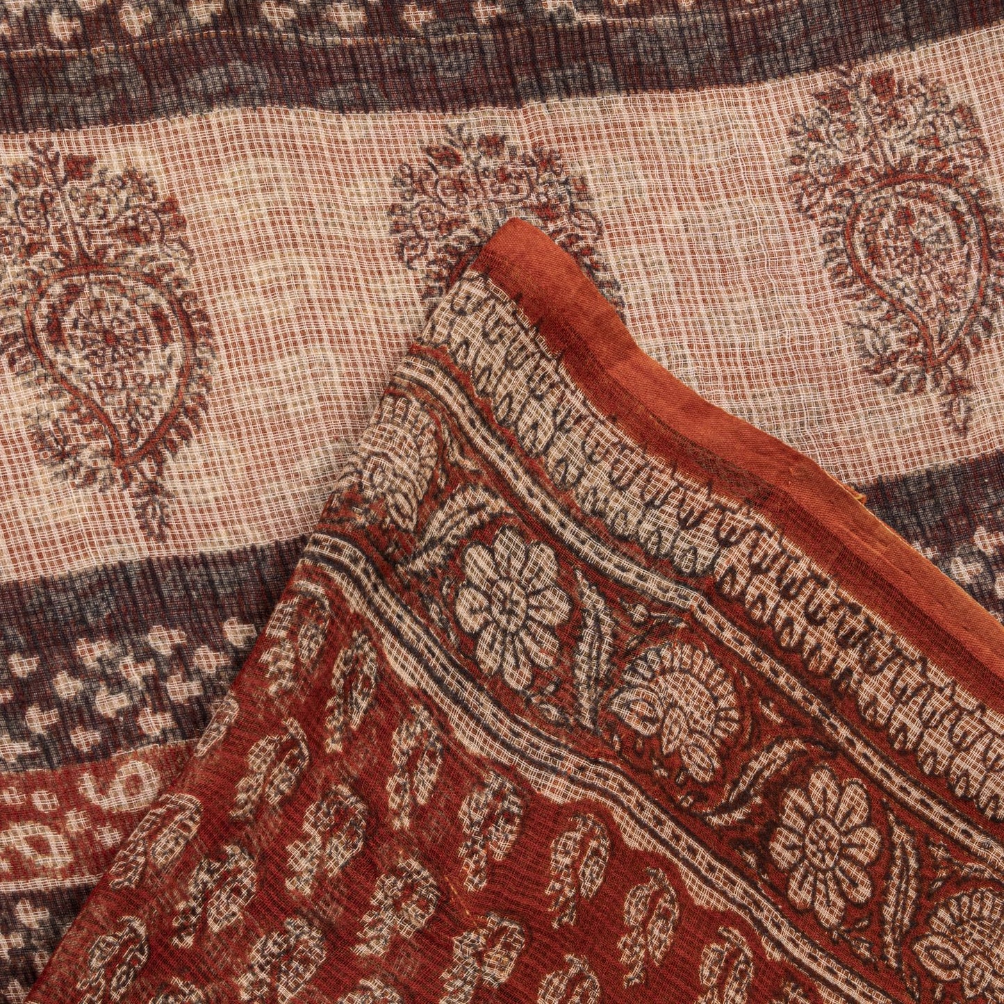 Sanskriti Vintage Kota Saree Brown Pure Cotton Hand Block Print Sari 5.5+Fabric
