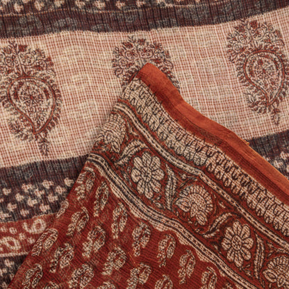 Sanskriti Vintage Kota Saree Brown Pure Cotton Hand Block Print Sari 5.5+Fabric