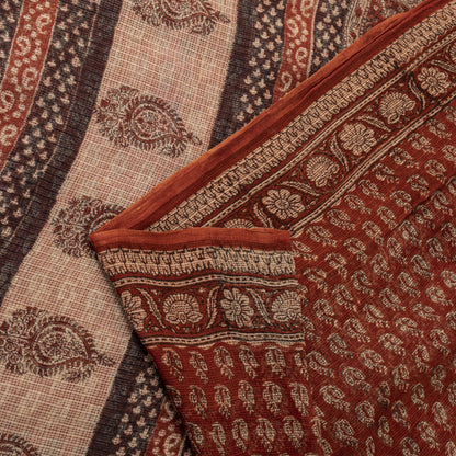 Sanskriti Vintage Kota Saree Brown Pure Cotton Hand Block Print Sari 5.5+Fabric