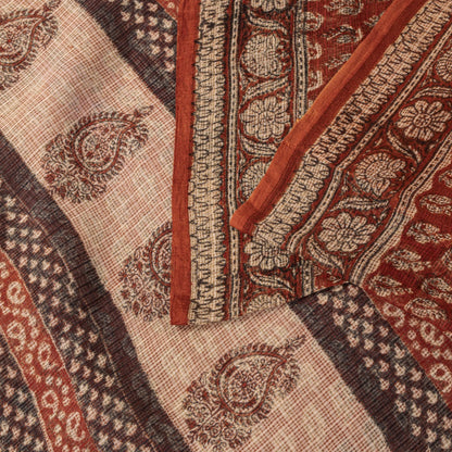 Sanskriti Vintage Kota Saree Brown Pure Cotton Hand Block Print Sari 5.5+Fabric