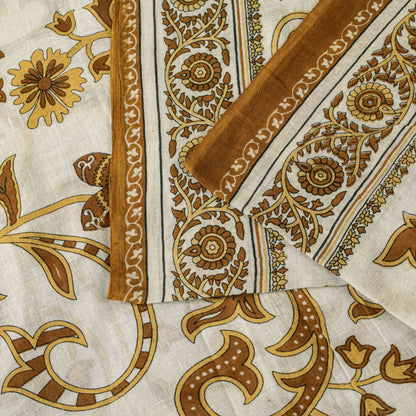 Sanskriti Vintage Saree White-Brown Pure Cotton Kalamkari Printed Sari 5YDFabric