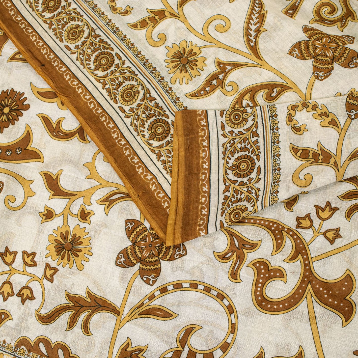 Sanskriti Vintage Saree White-Brown Pure Cotton Kalamkari Printed Sari 5YDFabric