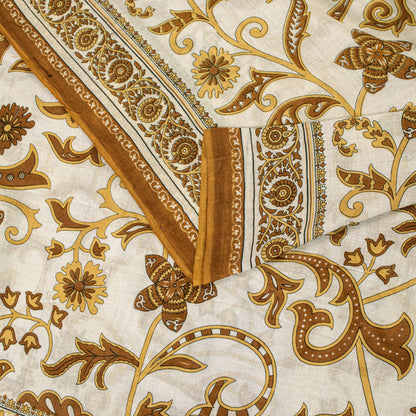 Sanskriti Vintage Saree White-Brown Pure Cotton Kalamkari Printed Sari 5YDFabric
