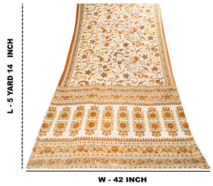 Sanskriti Vintage Saree White-Brown Pure Cotton Kalamkari Printed Sari 5YDFabric