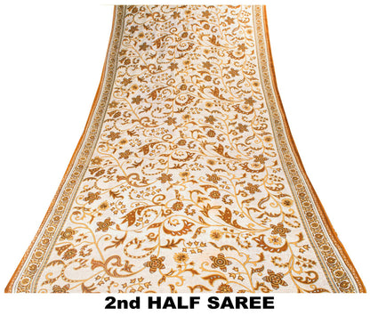 Sanskriti Vintage Saree White-Brown Pure Cotton Kalamkari Printed Sari 5YDFabric
