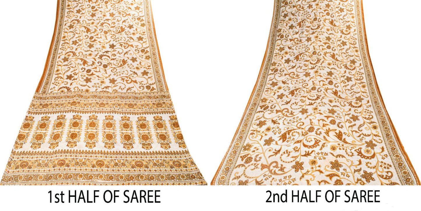 Sanskriti Vintage Saree White-Brown Pure Cotton Kalamkari Printed Sari 5YDFabric