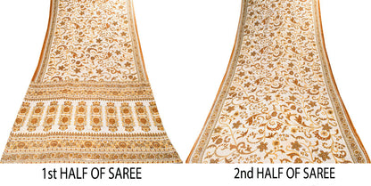 Sanskriti Vintage Saree White-Brown Pure Cotton Kalamkari Printed Sari 5YDFabric