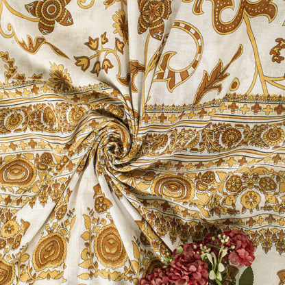 Sanskriti Vintage Saree White-Brown Pure Cotton Kalamkari Printed Sari 5YDFabric
