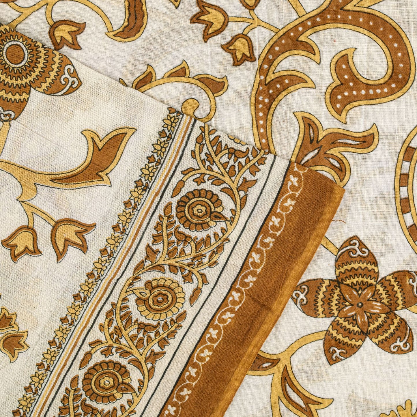 Sanskriti Vintage Saree White-Brown Pure Cotton Kalamkari Printed Sari 5YDFabric