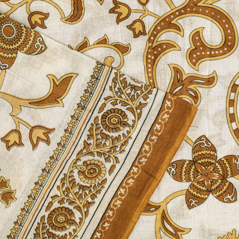 Sanskriti Vintage Saree White-Brown Pure Cotton Kalamkari Printed Sari 5YDFabric
