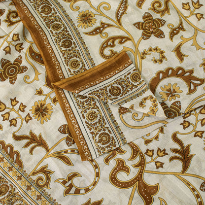 Sanskriti Vintage Saree White-Brown Pure Cotton Kalamkari Printed Sari 5YDFabric