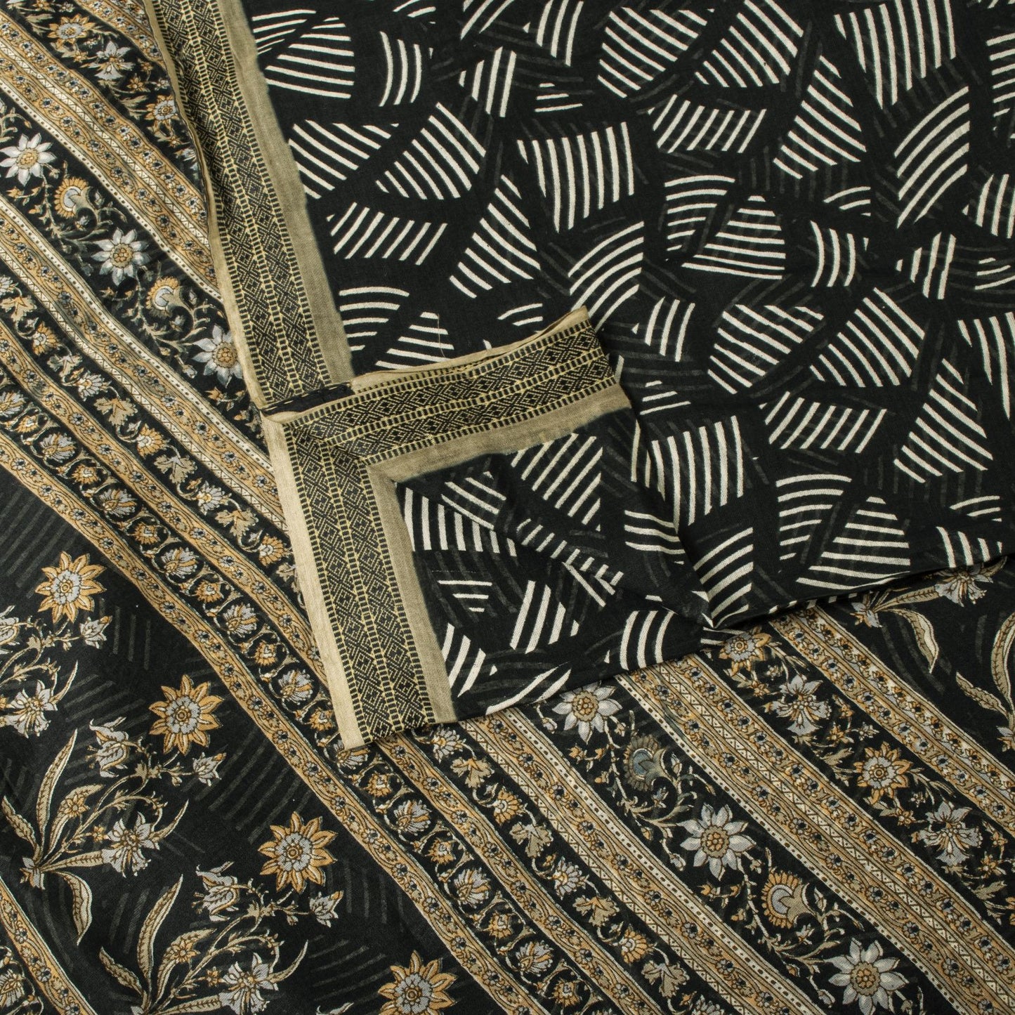 Sanskriti Vintage Saree Black Pure Cotton Geometric Print Sari 5+YD Craft Fabric