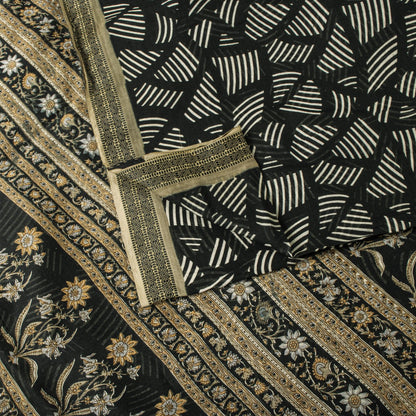 Sanskriti Vintage Saree Black Pure Cotton Geometric Print Sari 5+YD Craft Fabric