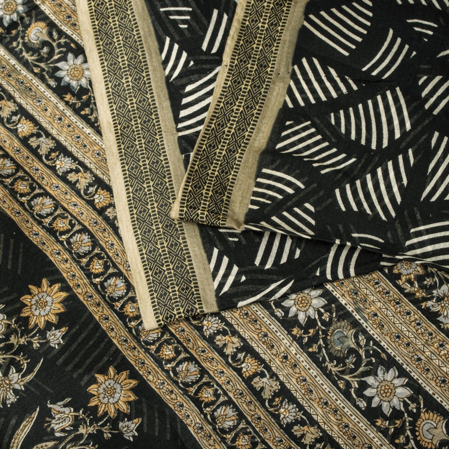 Sanskriti Vintage Saree Black Pure Cotton Geometric Print Sari 5+YD Craft Fabric