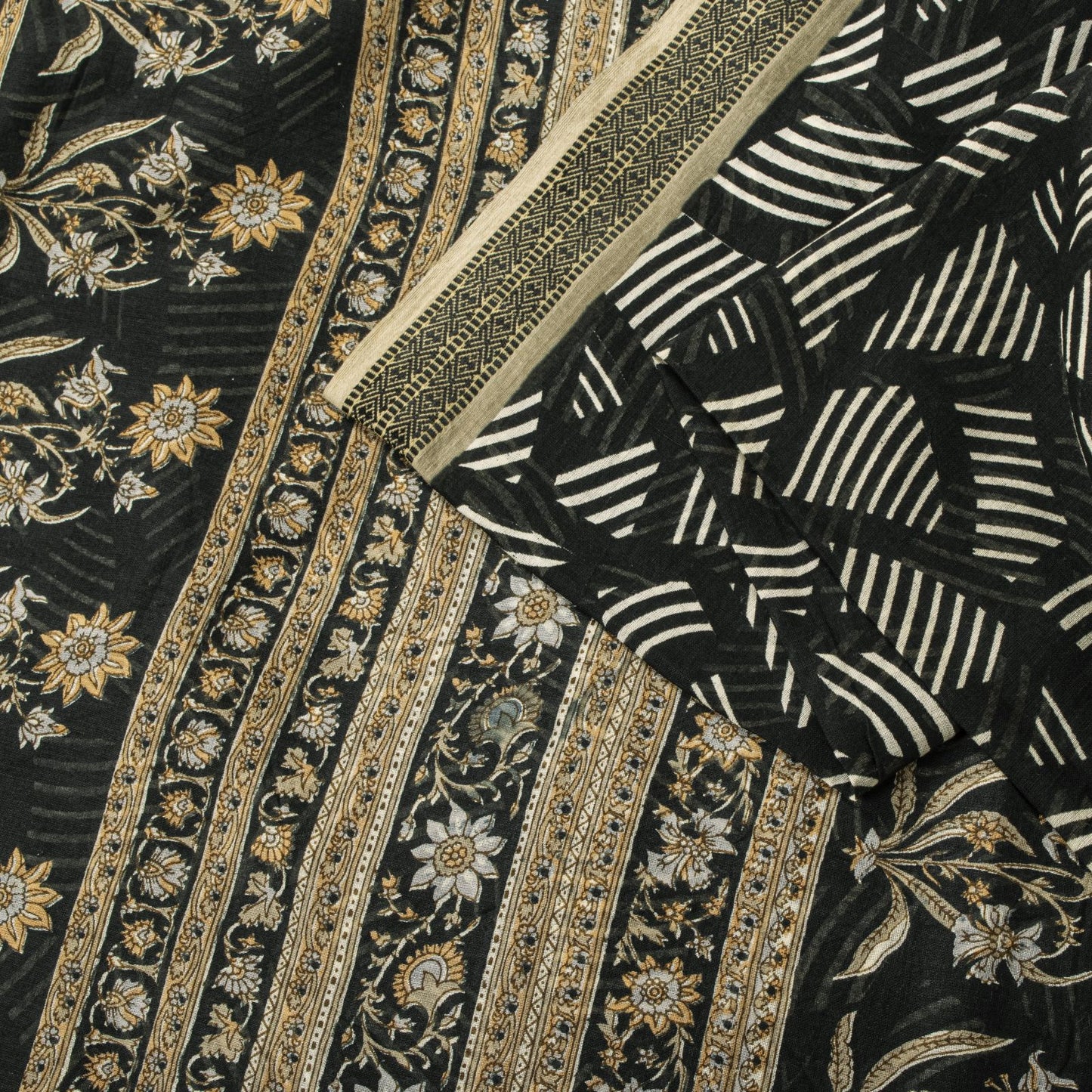 Sanskriti Vintage Saree Black Pure Cotton Geometric Print Sari 5+YD Craft Fabric
