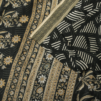 Sanskriti Vintage Saree Black Pure Cotton Geometric Print Sari 5+YD Craft Fabric