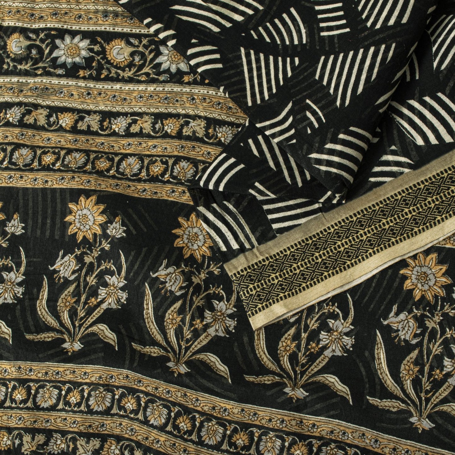 Sanskriti Vintage Saree Black Pure Cotton Geometric Print Sari 5+YD Craft Fabric
