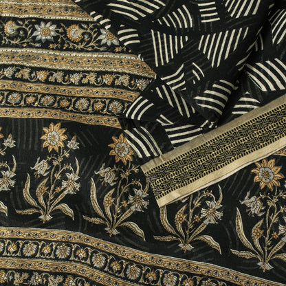 Sanskriti Vintage Saree Black Pure Cotton Geometric Print Sari 5+YD Craft Fabric