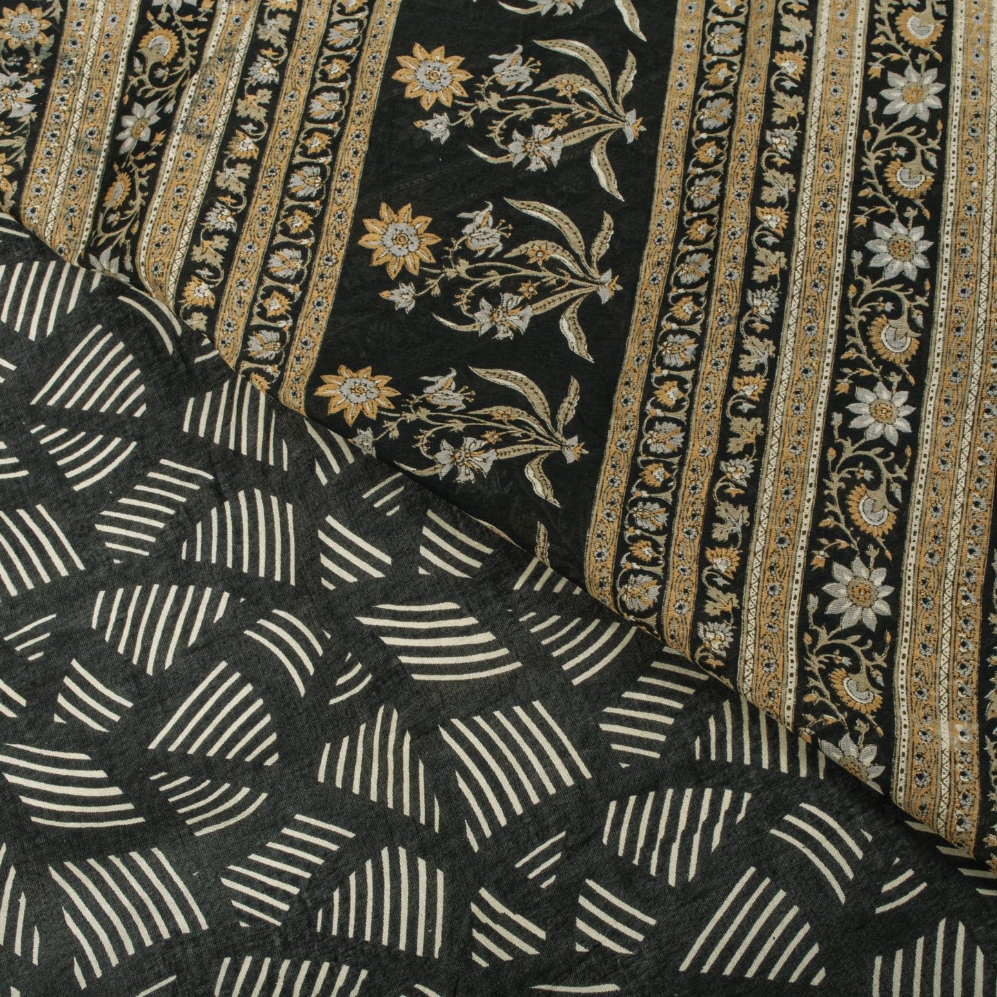 Sanskriti Vintage Saree Black Pure Cotton Geometric Print Sari 5+YD Craft Fabric