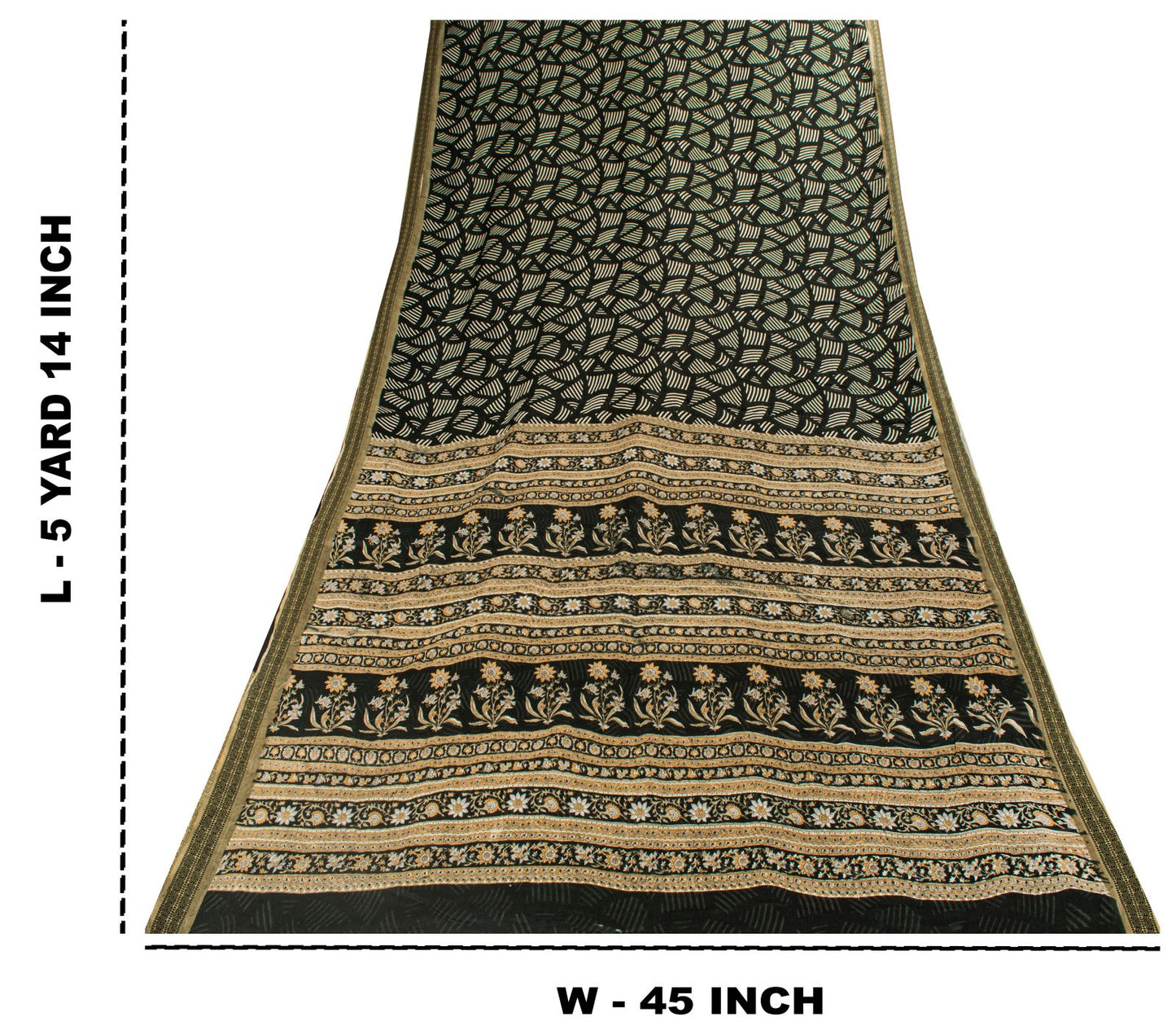 Sanskriti Vintage Saree Black Pure Cotton Geometric Print Sari 5+YD Craft Fabric