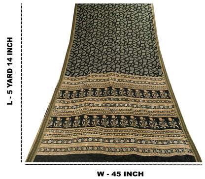Sanskriti Vintage Saree Black Pure Cotton Geometric Print Sari 5+YD Craft Fabric