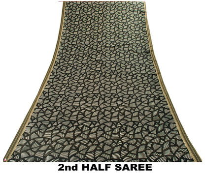 Sanskriti Vintage Saree Black Pure Cotton Geometric Print Sari 5+YD Craft Fabric