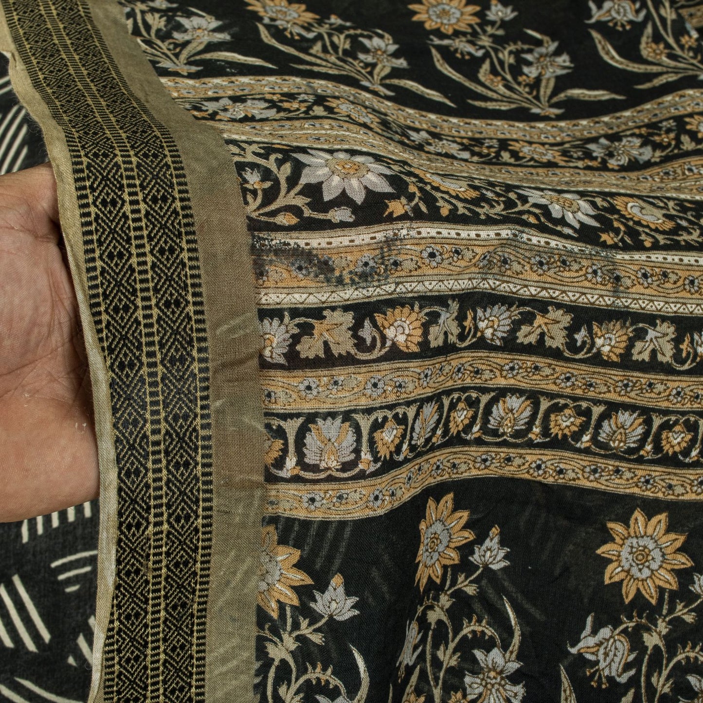 Sanskriti Vintage Saree Black Pure Cotton Geometric Print Sari 5+YD Craft Fabric