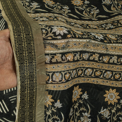 Sanskriti Vintage Saree Black Pure Cotton Geometric Print Sari 5+YD Craft Fabric