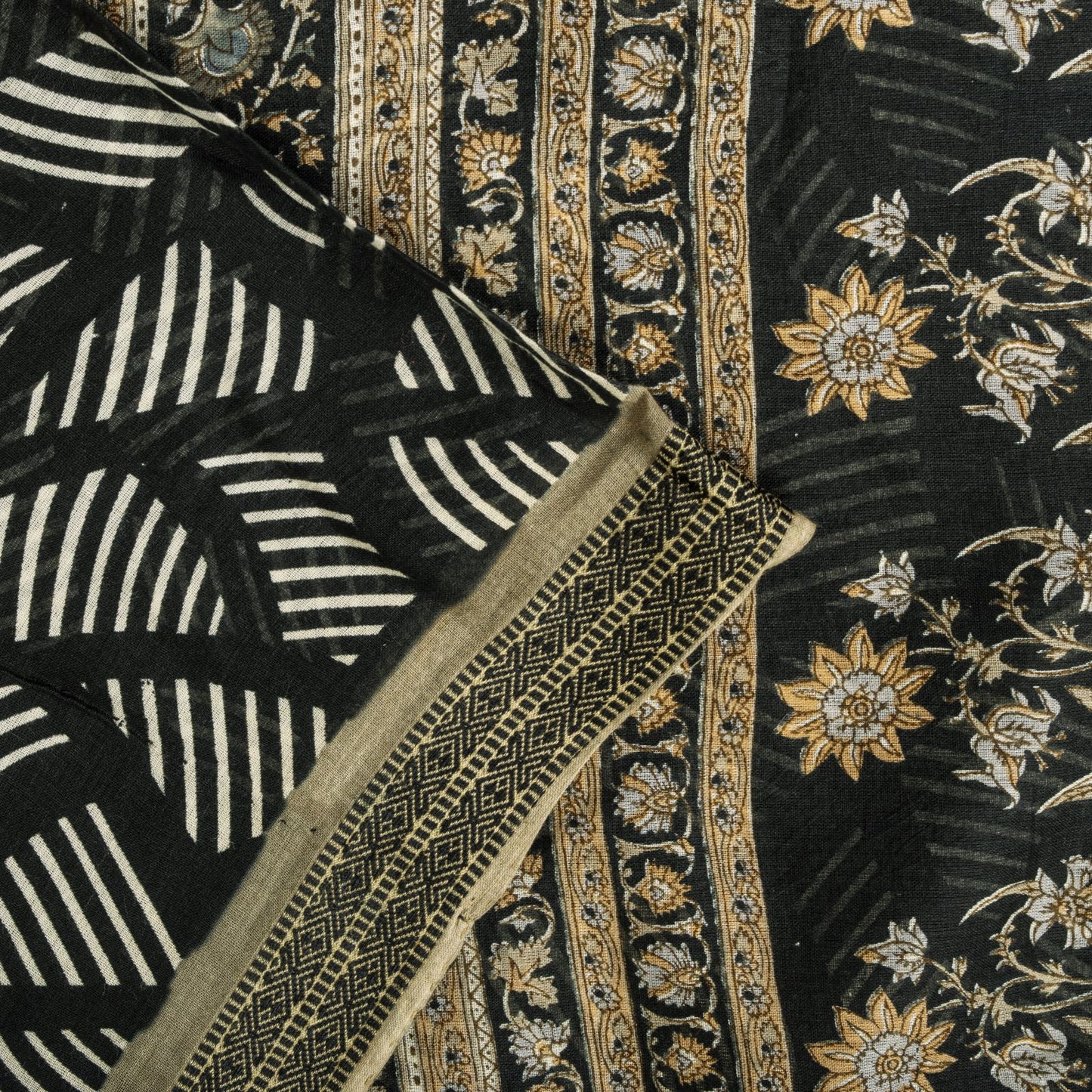 Sanskriti Vintage Saree Black Pure Cotton Geometric Print Sari 5+YD Craft Fabric
