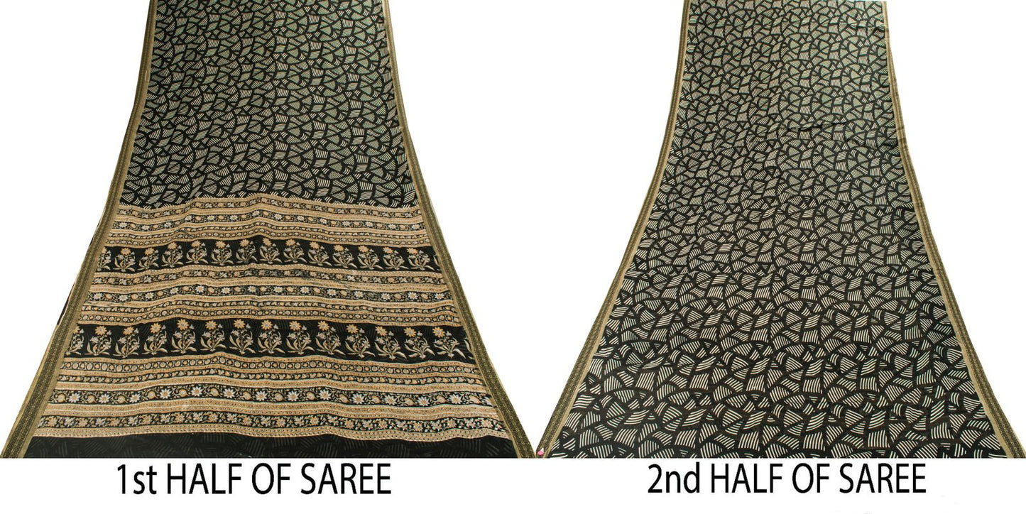 Sanskriti Vintage Saree Black Pure Cotton Geometric Print Sari 5+YD Craft Fabric
