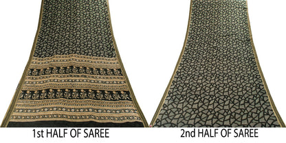 Sanskriti Vintage Saree Black Pure Cotton Geometric Print Sari 5+YD Craft Fabric