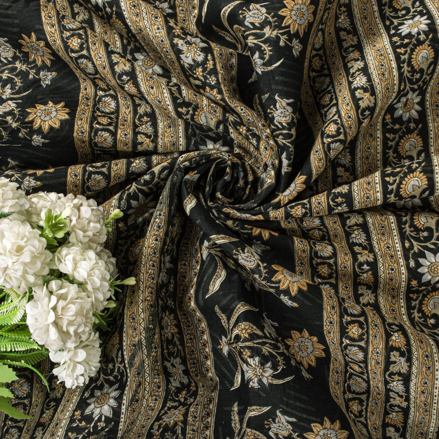 Sanskriti Vintage Saree Black Pure Cotton Geometric Print Sari 5+YD Craft Fabric