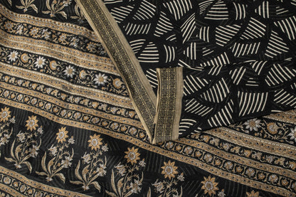 Sanskriti Vintage Saree Black Pure Cotton Geometric Print Sari 5+YD Craft Fabric