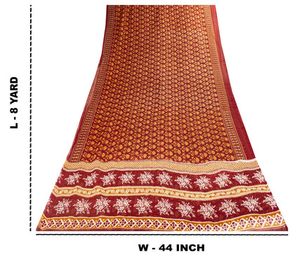 Sanskriti Vintage 8YD Saree Fabric Red Pure Cotton Floral Printed Indian Sari
