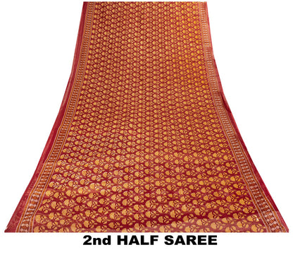 Sanskriti Vintage 8YD Saree Fabric Red Pure Cotton Floral Printed Indian Sari